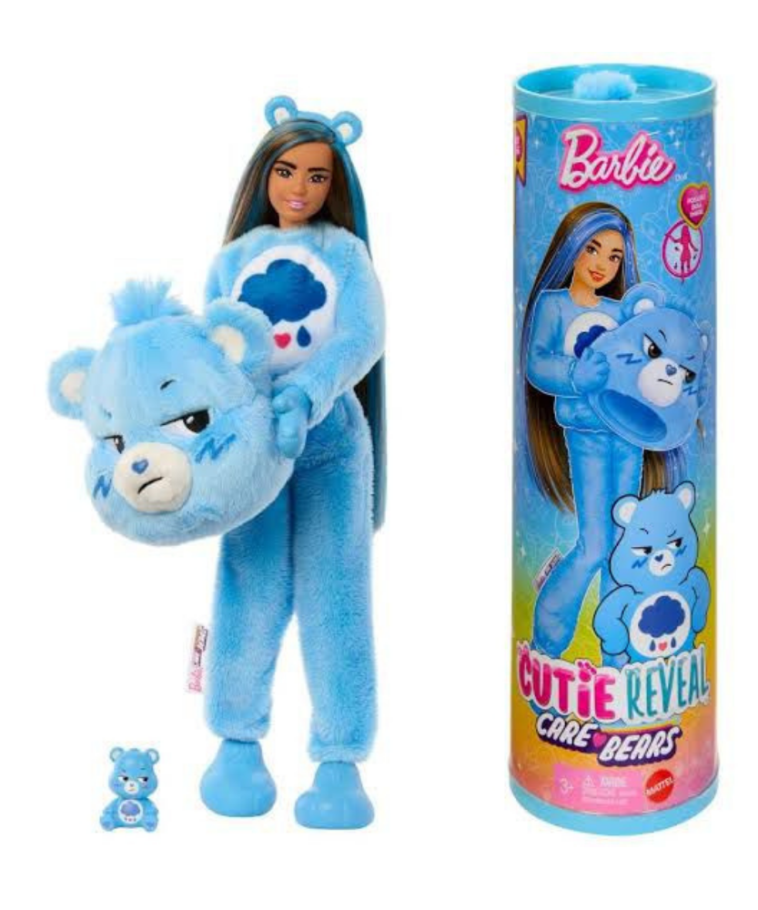 Mattel Barbie Cutie Reveal Care Bears Series Doll & Accessories in Grumpy Bear Plush Costume, 10 Surprises Baby Blue