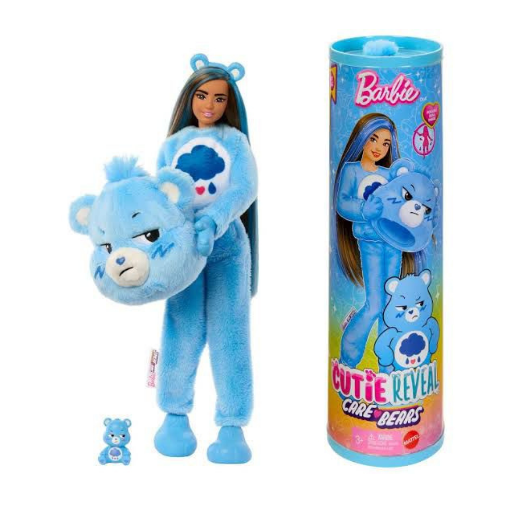 Mattel Barbie Cutie Reveal Care Bears Series Doll & Accessories in Grumpy Bear Plush Costume, 10 Surprises Baby Blue