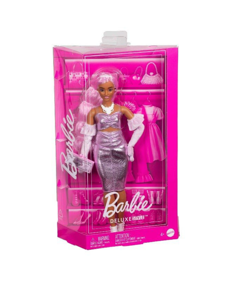 Barbie Deluxe Style Doll In Glossy Pink Barbie core Dress With Velvet Gloves, Pink Hair With Money