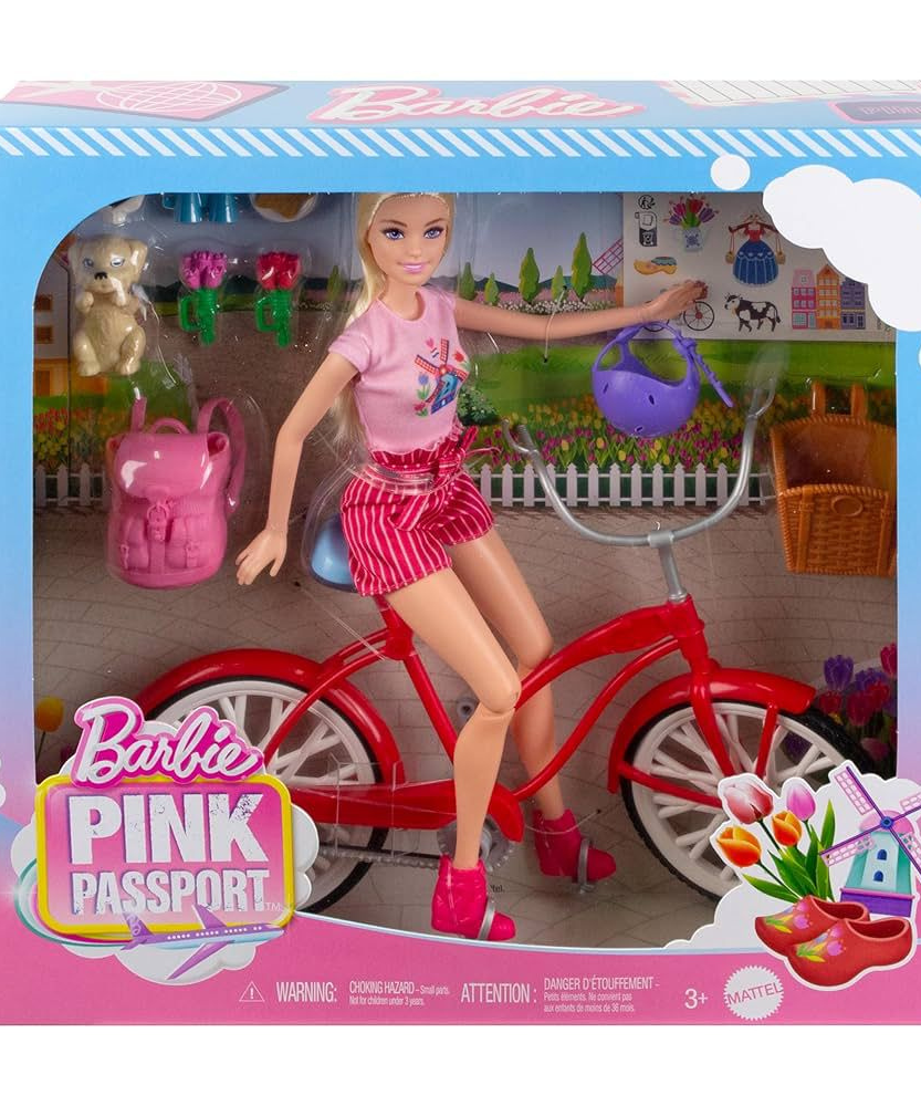 Mattel Barbie Pink Passport Holland Doll Set With Bicycle, Clothes, & Travel Accessories