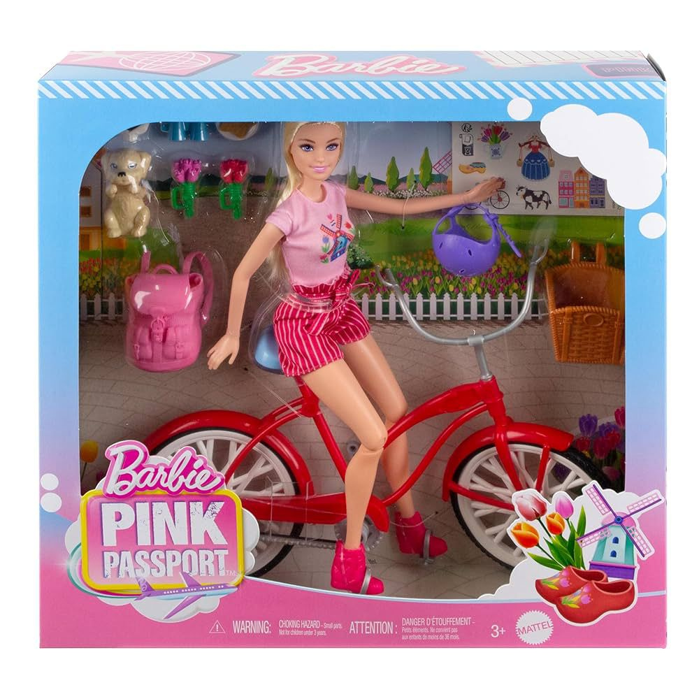 Mattel Barbie Pink Passport Holland Doll Set With Bicycle, Clothes, & Travel Accessories