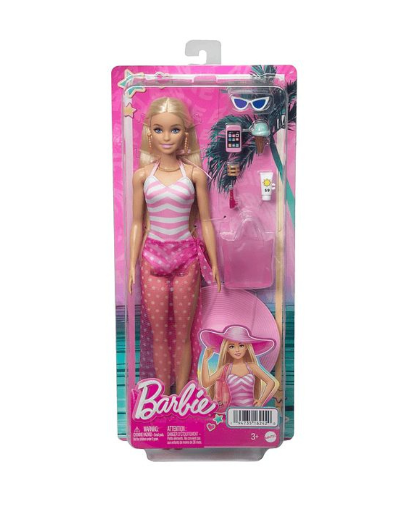 Mattel Barbie Beach Blonde Doll with Pink and White Swimsuit, Accessories, and Beach Bag