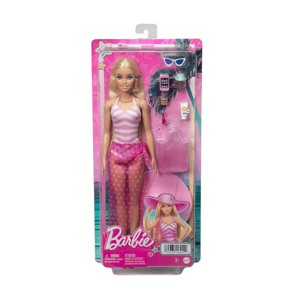 Mattel Barbie Beach Blonde Doll with Pink and White Swimsuit, Accessories, and Beach Bag