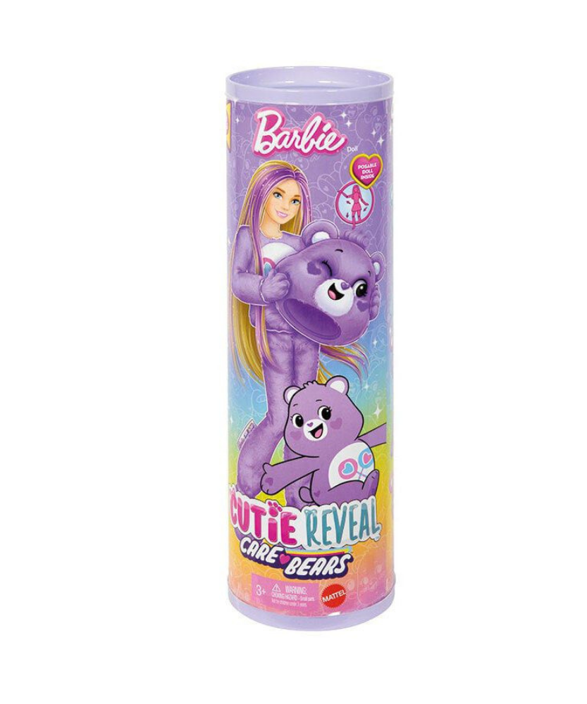 Mattel Barbie Cutie Reveal Care Bears Series Doll & Accessories in Share Bear Plush Costume, 10 Surprises Purple
