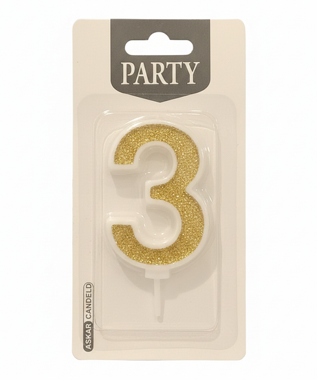 ASKAR CANDELD Party Gold Glitter Number 3 Birthday Candle