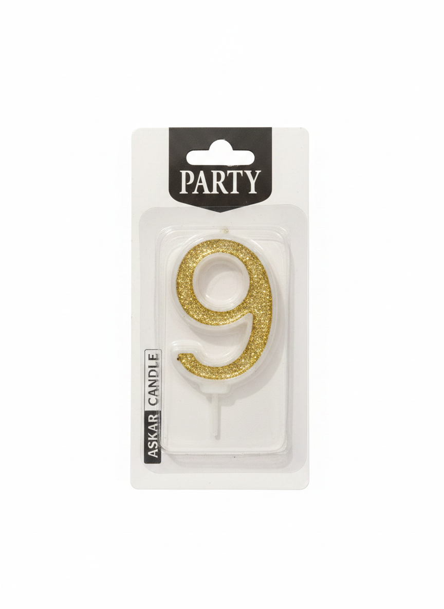 ASKAR CANDLE Gold Glitter Number 9 Party Candle
