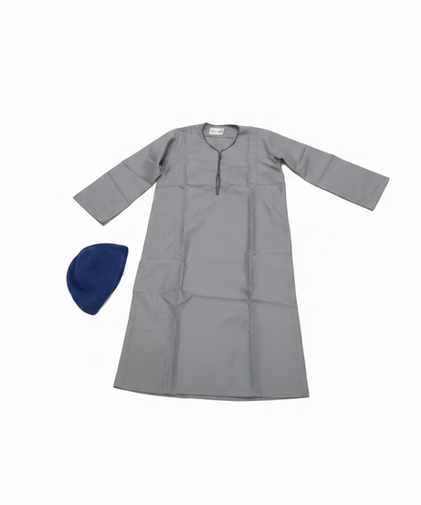 Al-Khalil Boys' Traditional Grey Thobe & Blue Kufi Set ( Size 5 ) Costume
