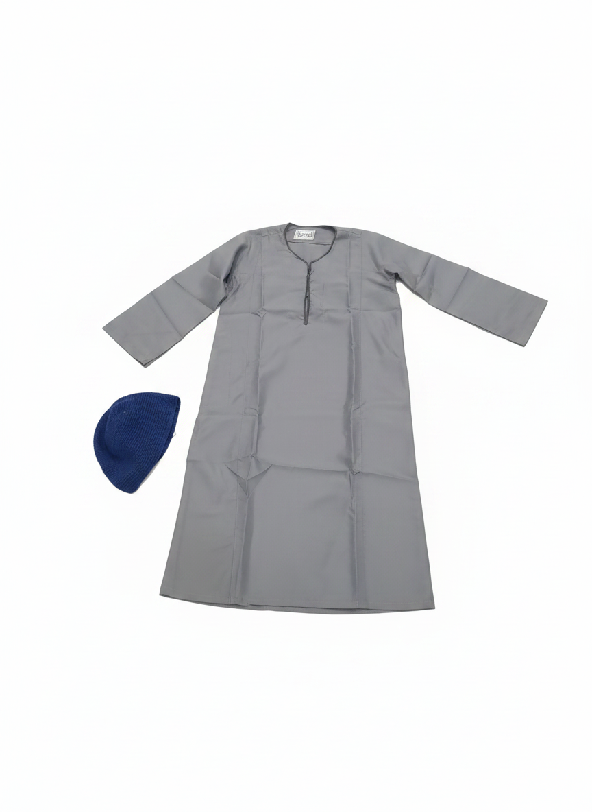 Al-Khalil Boys' Traditional Grey Thobe & Blue Kufi Set ( Size 5 ) Costume