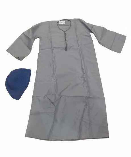 Al-Khalil Boys' Traditional Grey Thobe & Blue Kufi Set ( Size 5 ) Costume