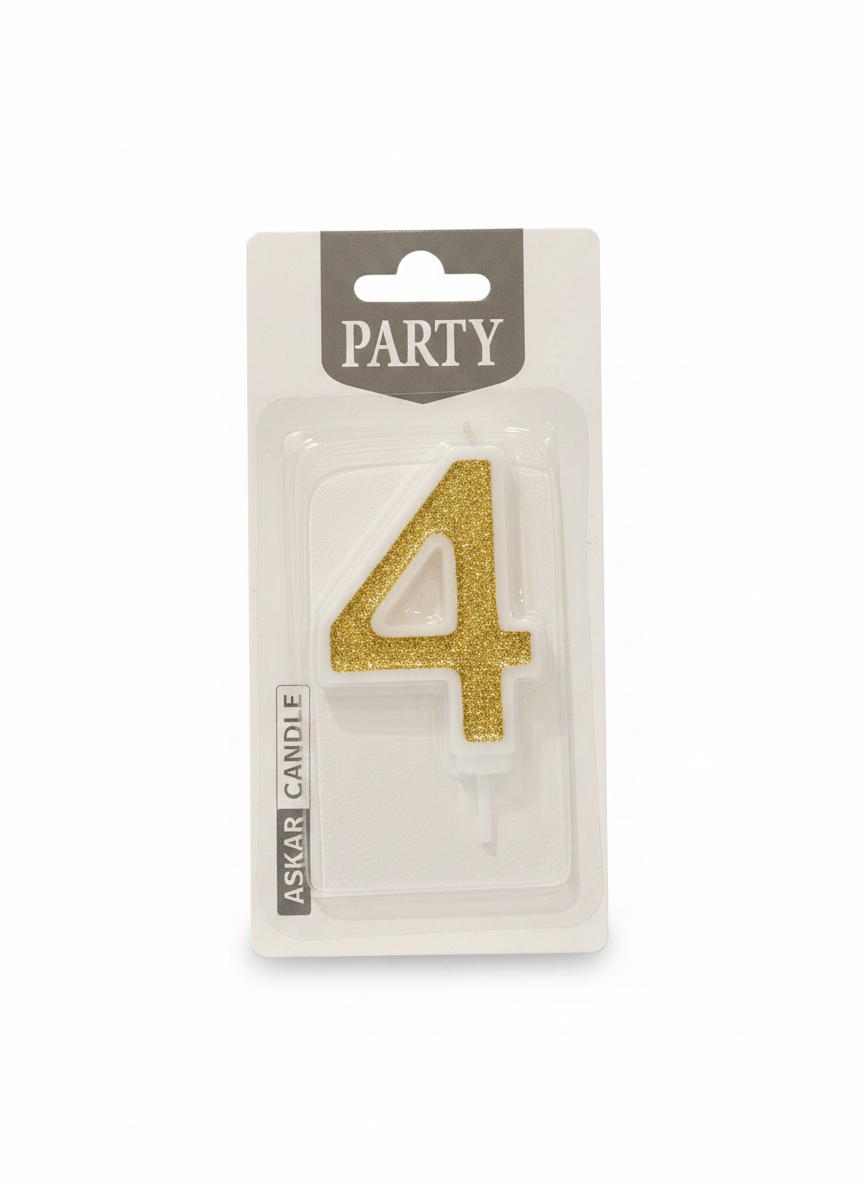 Askar Party Gold Glitter Number 4 Birthday Candle
