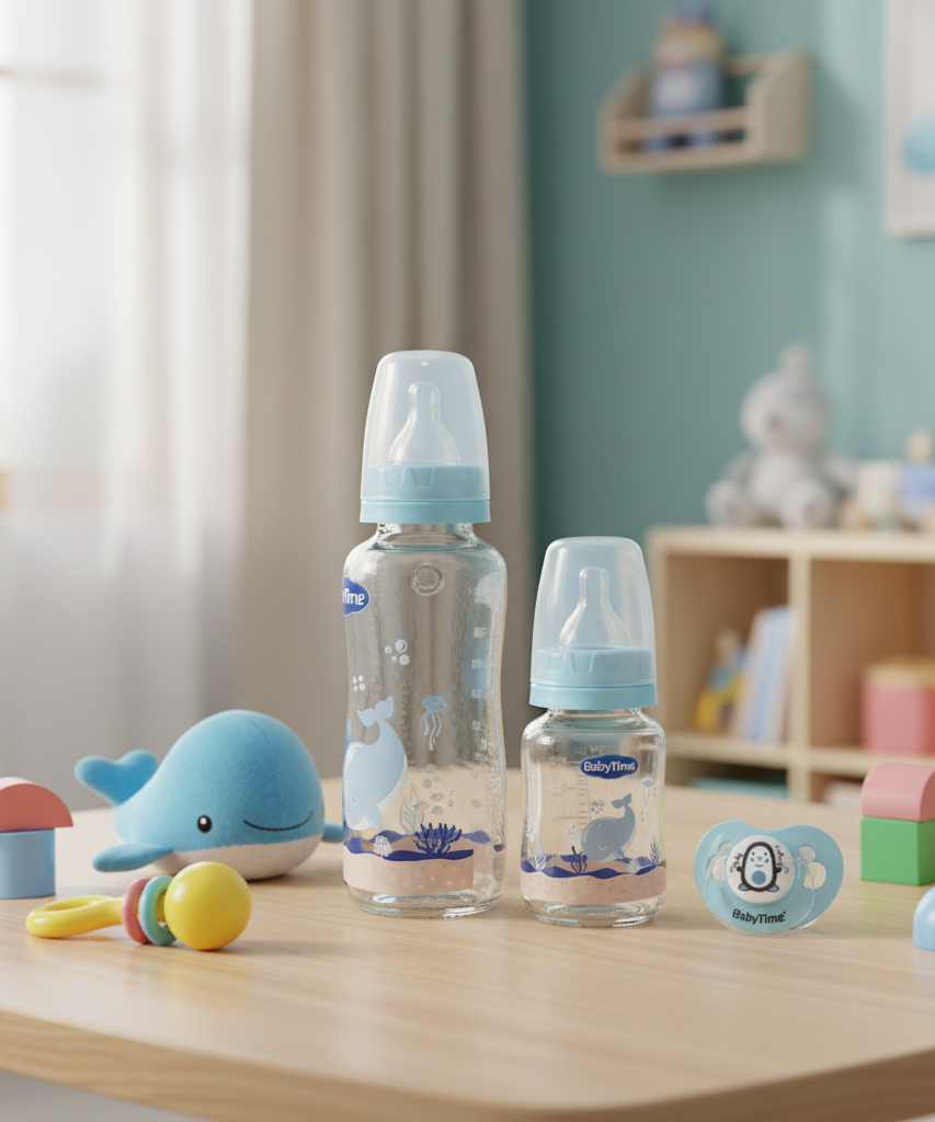 BabyTime 3-in-1 Glass Feeding Bottle and Pacifier Set
