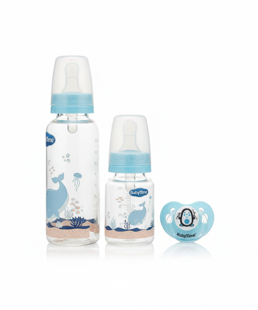 BabyTime 3-in-1 Glass Feeding Bottle and Pacifier Set