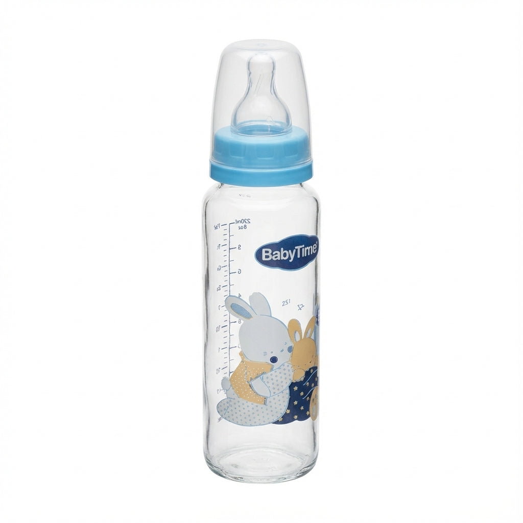 BabyTime Glass Feeding Bottle 250ml with Silicon Cherry Teat