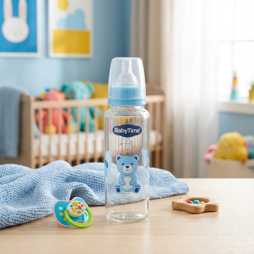BabyTime Glass Feeding Bottle 250ml with Silicon Cherry Teat