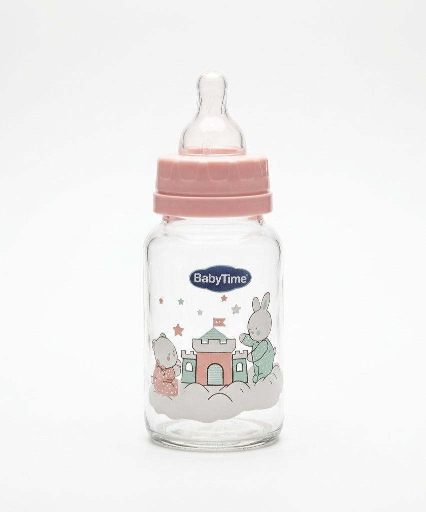 BabyTime Glass Feeding Bottle with Silicone Cherry Nipple, 125ml (0-6 Months)
