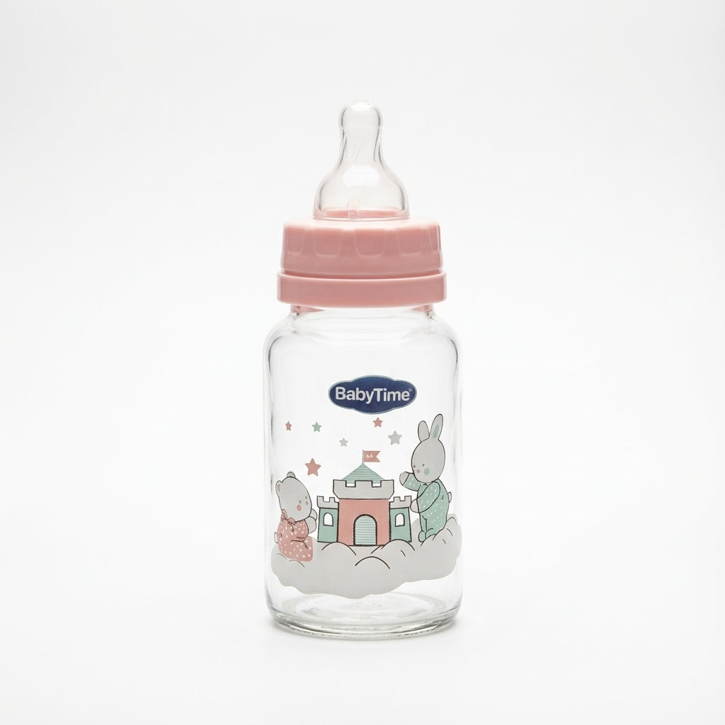 BabyTime Glass Feeding Bottle with Silicone Cherry Nipple, 125ml (0-6 Months)