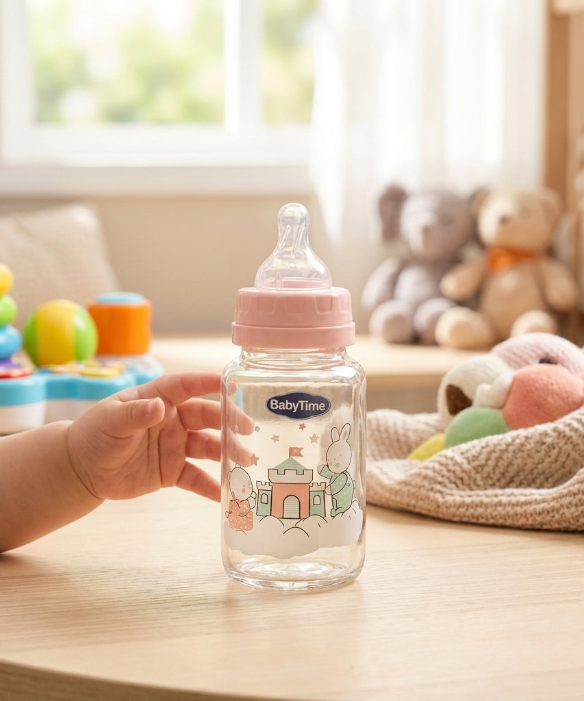 BabyTime Glass Feeding Bottle with Silicone Cherry Nipple, 125ml (0-6 Months)