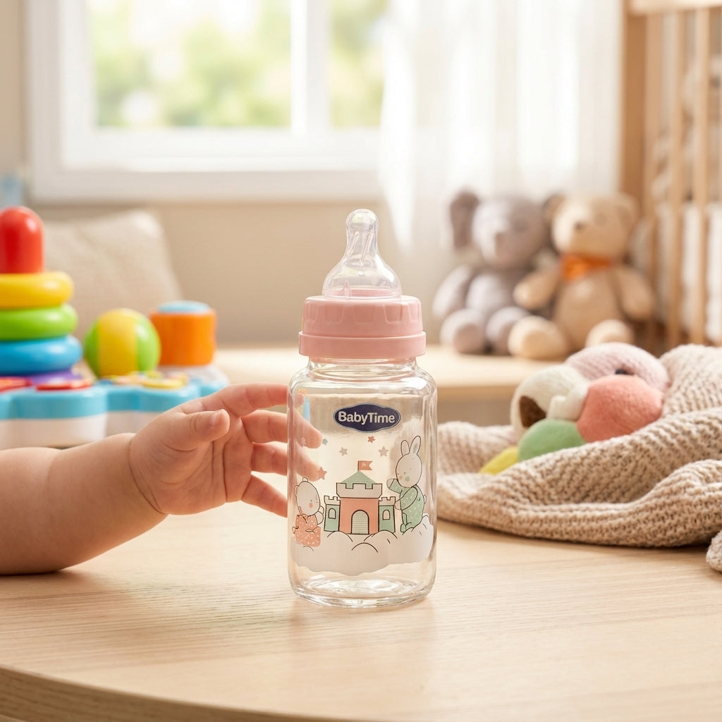 BabyTime Glass Feeding Bottle with Silicone Cherry Nipple, 125ml (0-6 Months)