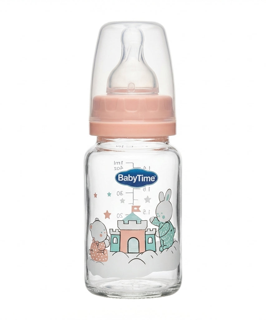 BabyTime Glass Feeding Bottle with Silicone Cherry Nipple, 125ml (0-6 Months)