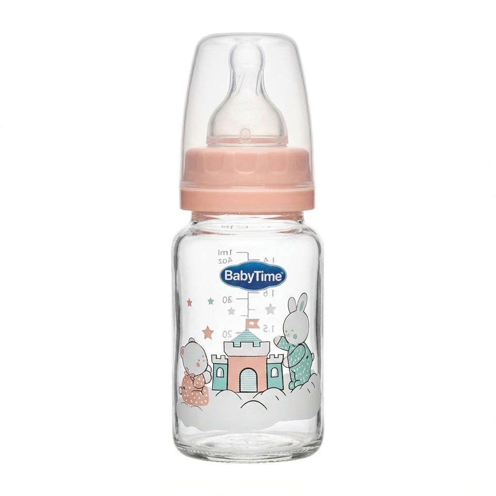 BabyTime Glass Feeding Bottle with Silicone Cherry Nipple, 125ml (0-6 Months)