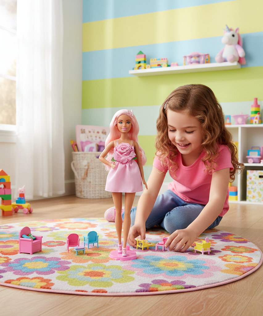 Barbie Doll with Pink Hair and Rose Dress