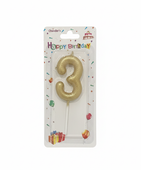 Chandler's Happy Birthday Gold Glitter Number 3 Candle