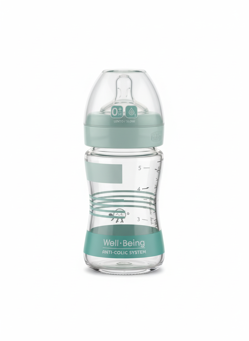 Chicco Well-Being Glass Anti-Colic Feeding Bottle 0+M, 150ml