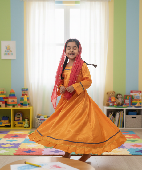 Children's Traditional Orange Gown Dress-Up Costume with Embellished Scarf