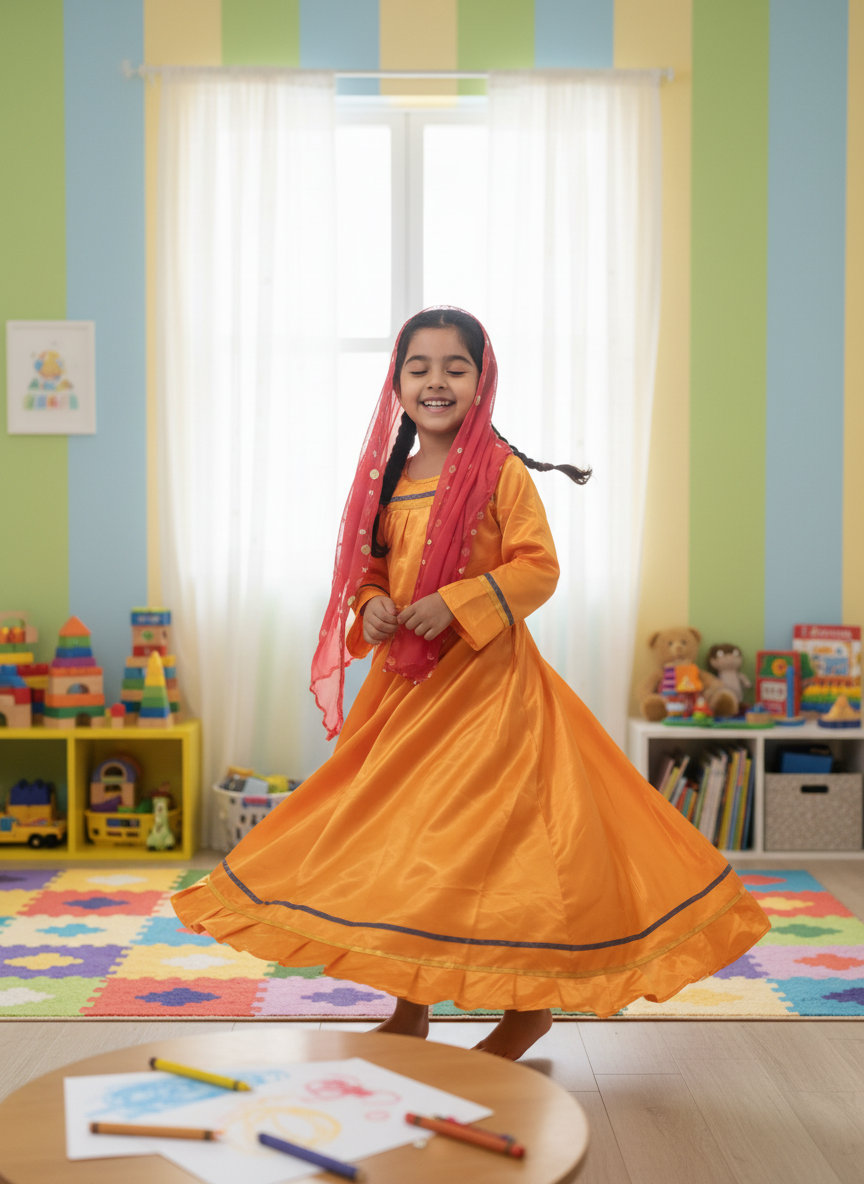 Children's Traditional Orange Gown Dress-Up Costume with Embellished Scarf