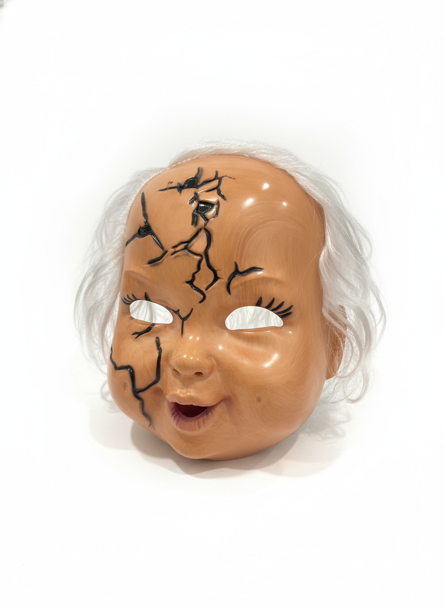 Creepy Cracked Doll Face Mask with White Hair