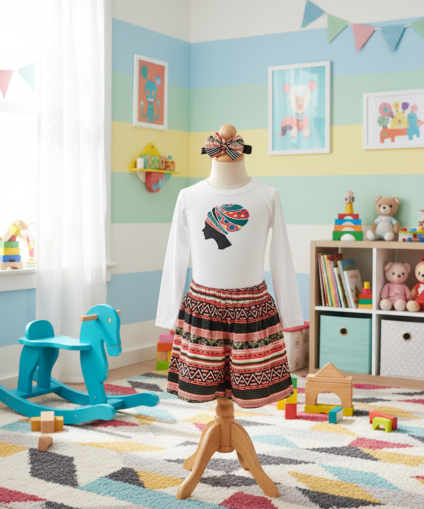 African girl Two-Piece Outfit with Matching Hair Bow