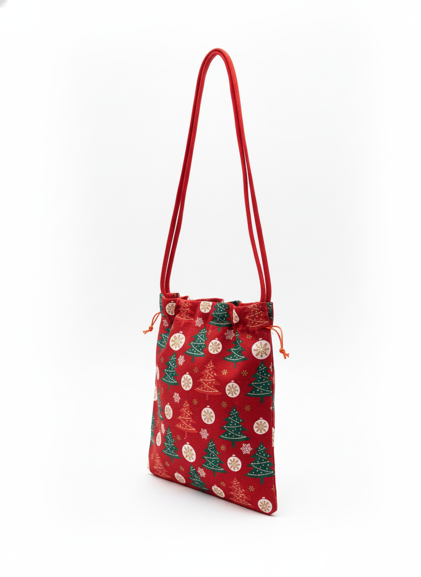 Festive Christmas Tree & Ornament Drawstring Shoulder Bag