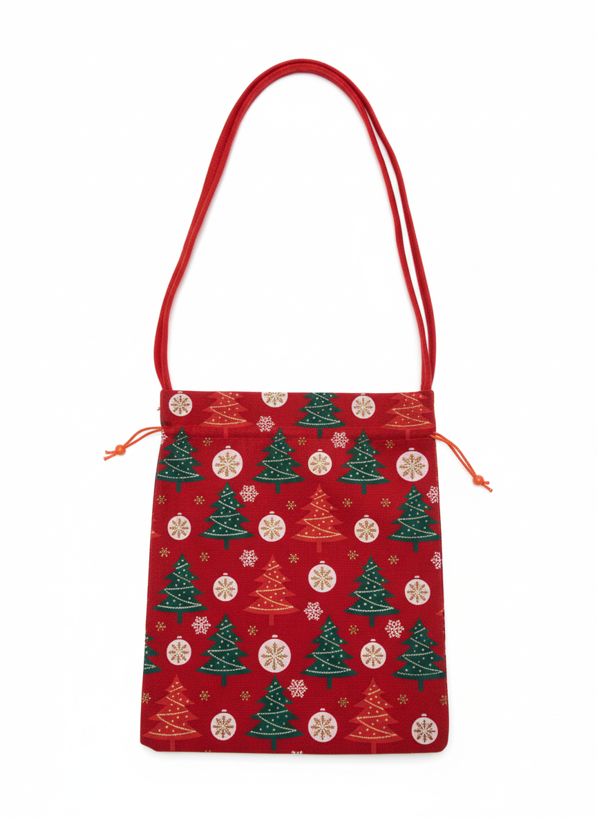 Festive Christmas Tree & Ornament Drawstring Shoulder Bag