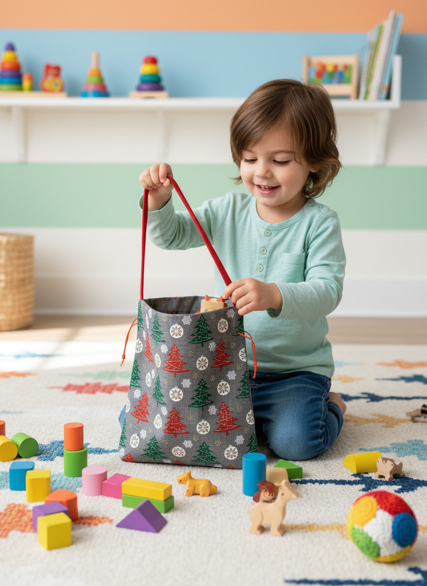 Festive Christmas Tree & Snowflake Drawstring Bag