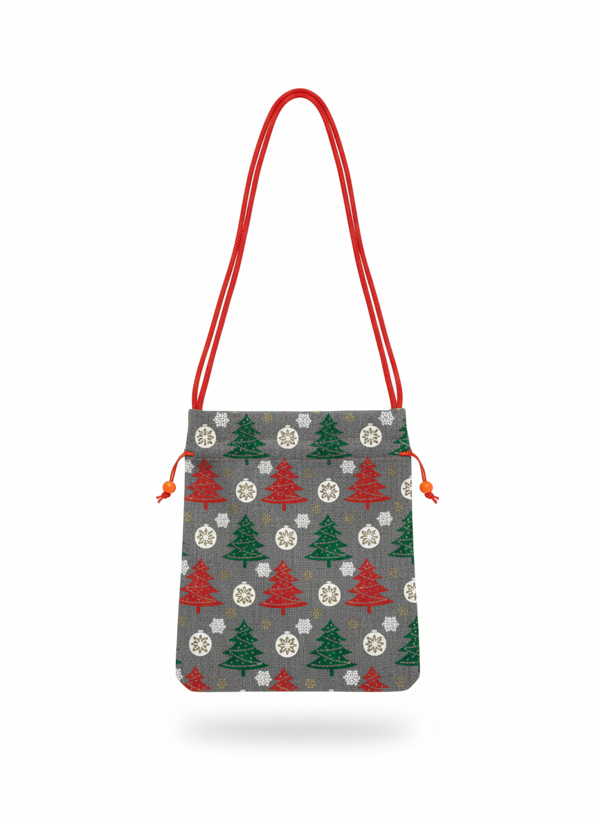 Festive Christmas Tree & Snowflake Drawstring Bag