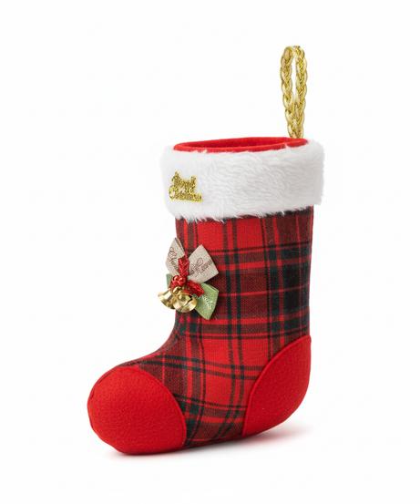 Festive Plaid Christmas Stocking with 'Merry Christmas' Charm & Jingle Bells For Candy