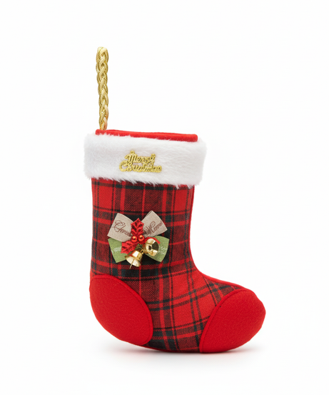 Festive Plaid Christmas Stocking with 'Merry Christmas' Charm & Jingle Bells For Candy