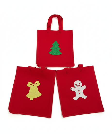 Festive Reusable Gift Bag Set with Glitter Appliques - 1 Pack