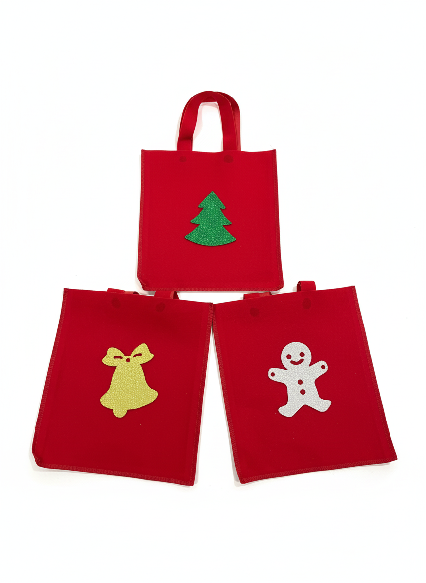 Festive Reusable Gift Bag Set with Glitter Appliques - 1 Pack