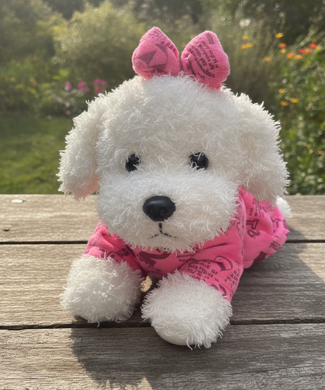 Fluffy White Puppy Plush with Pink Outfit & Bow