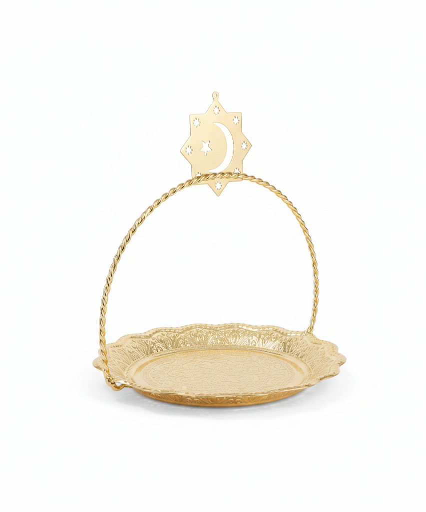 Golden Eid Mubarak Decorative Serving Tray with Star and Crescent Handle
