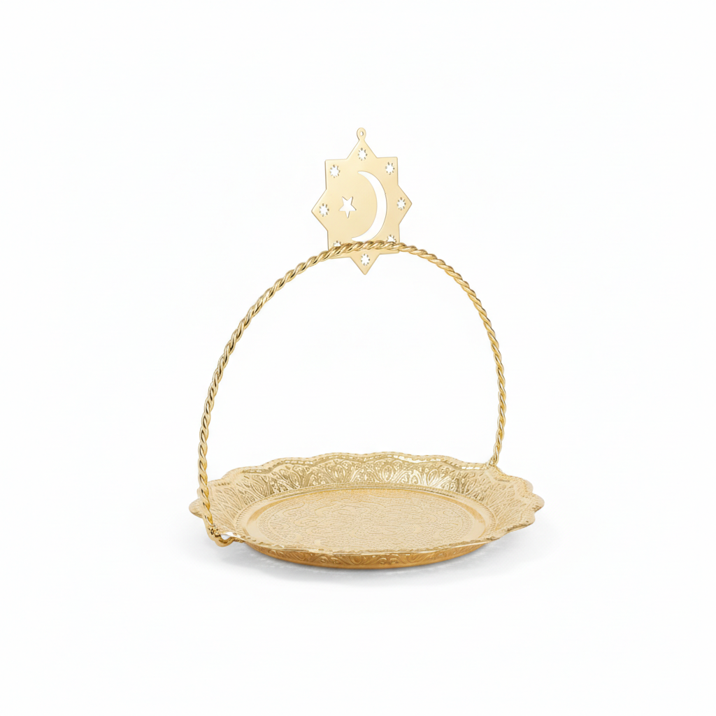 Golden Eid Mubarak Decorative Serving Tray with Star and Crescent Handle