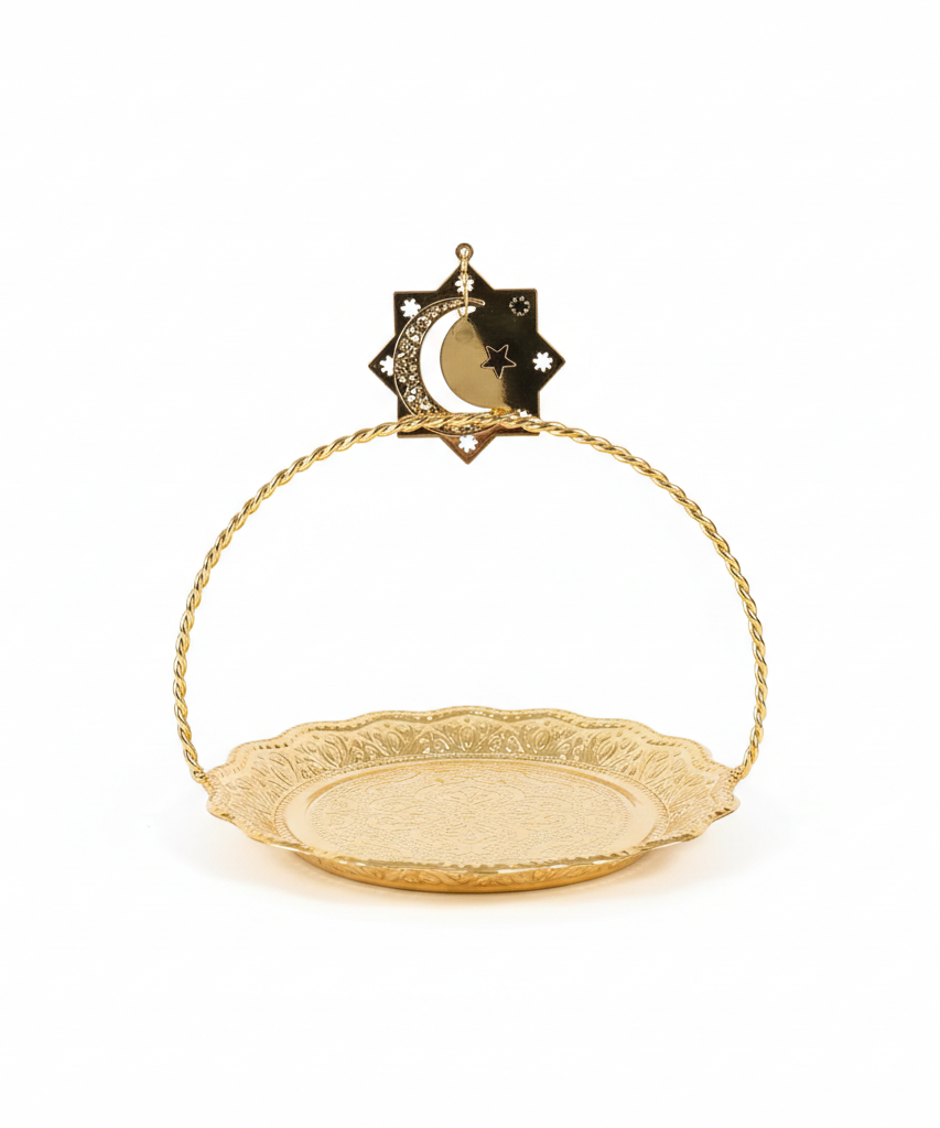 Golden Eid Mubarak Decorative Serving Tray with Star and Crescent Handle