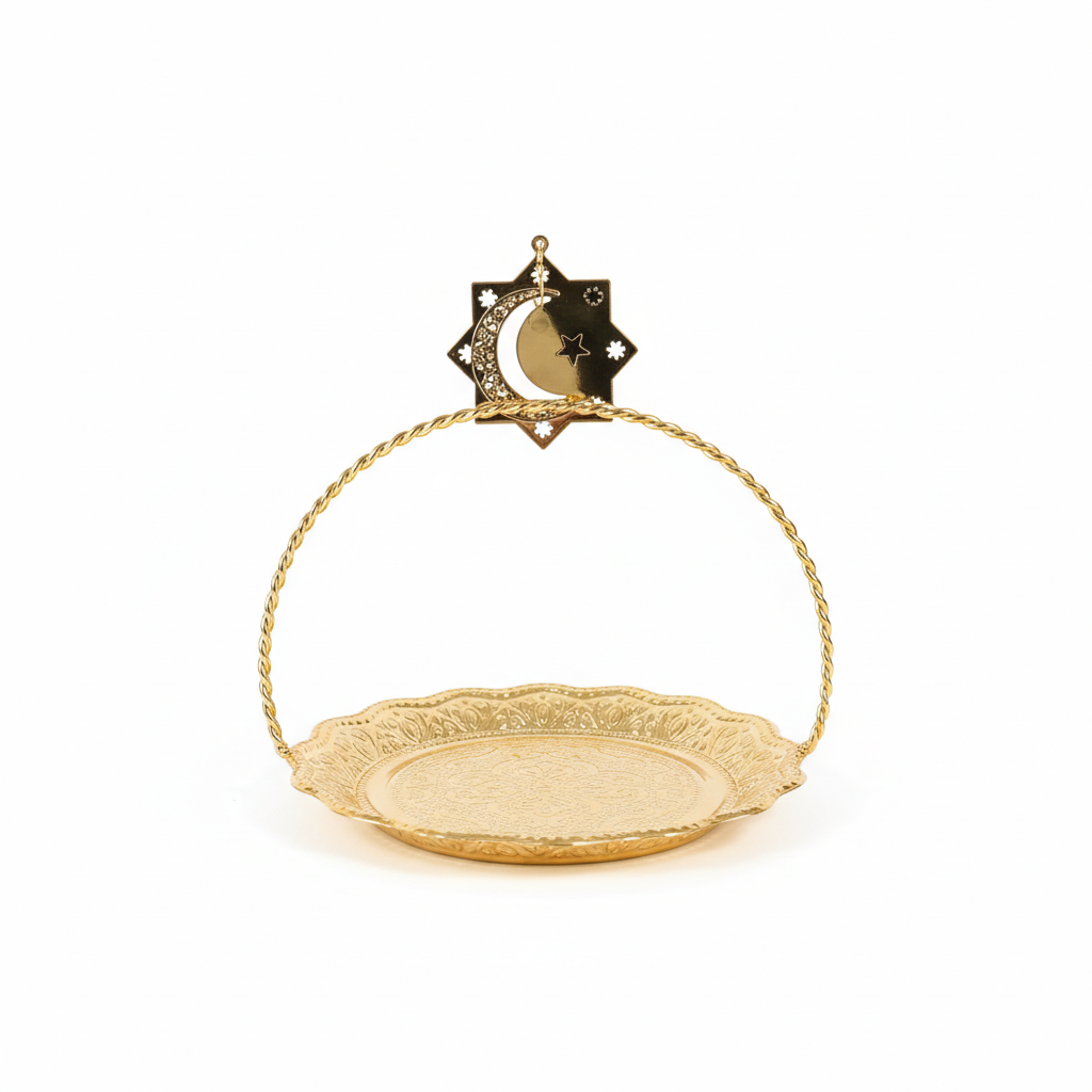 Golden Eid Mubarak Decorative Serving Tray with Star and Crescent Handle