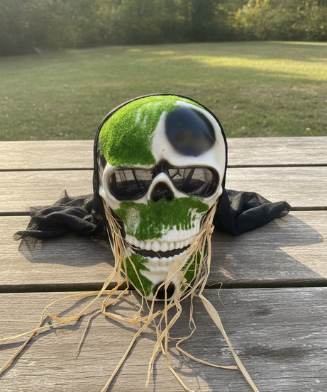 Green Flocked Skull Mask with Straw Accents