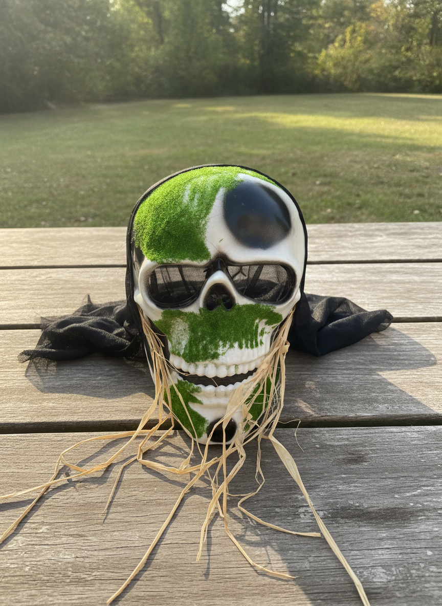 Green Flocked Skull Mask with Straw Accents
