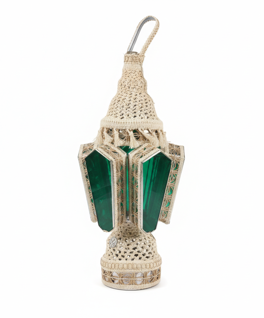 Handcrafted Woven Jute Decorative Lantern with Green Panels