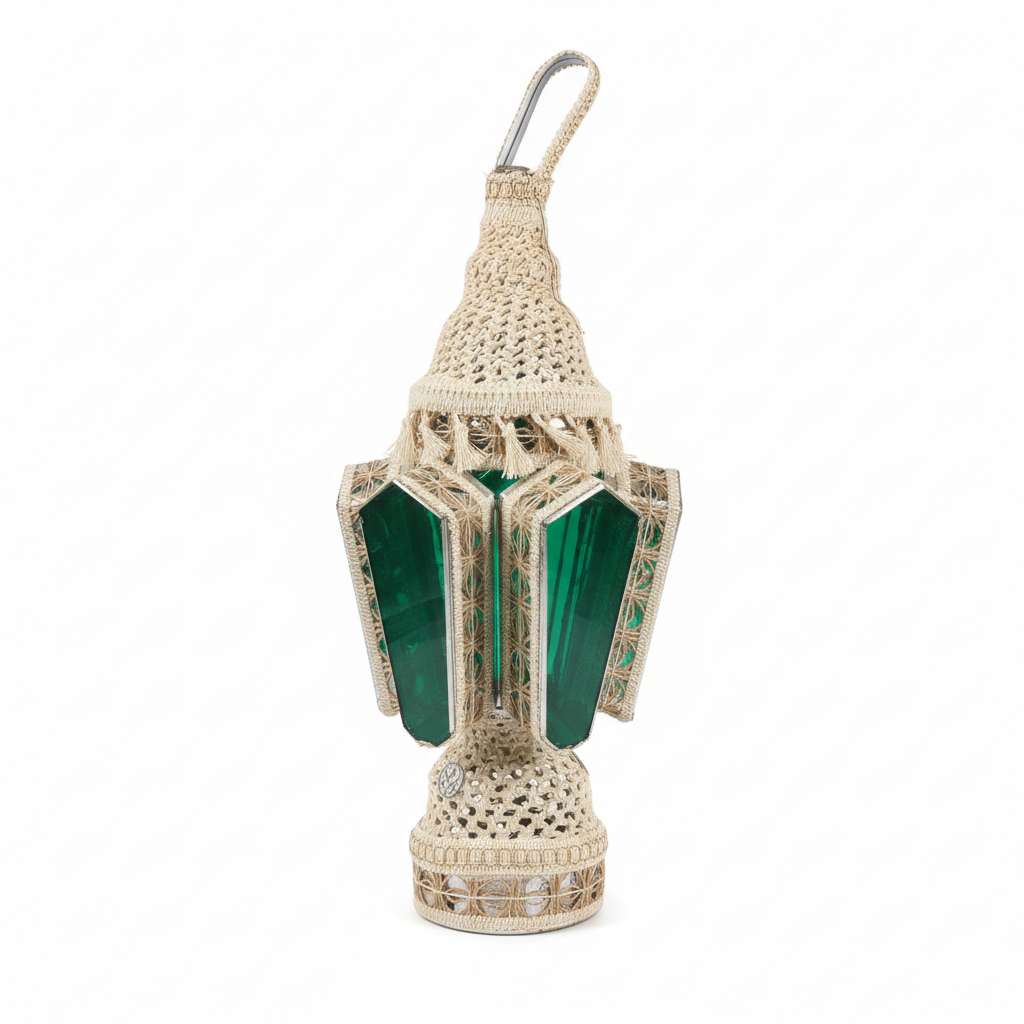 Handcrafted Woven Jute Decorative Lantern with Green Panels