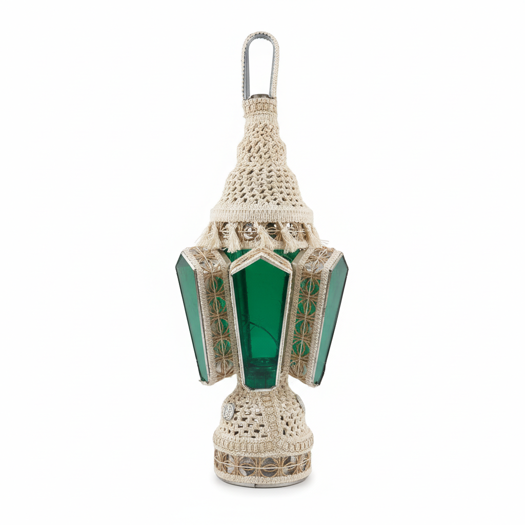 Handcrafted Woven Jute Decorative Lantern with Green Panels