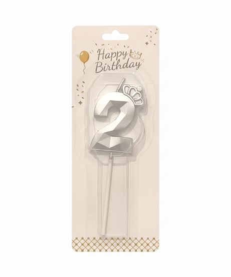Happy Birthday Silver Crown Number 2 Candle